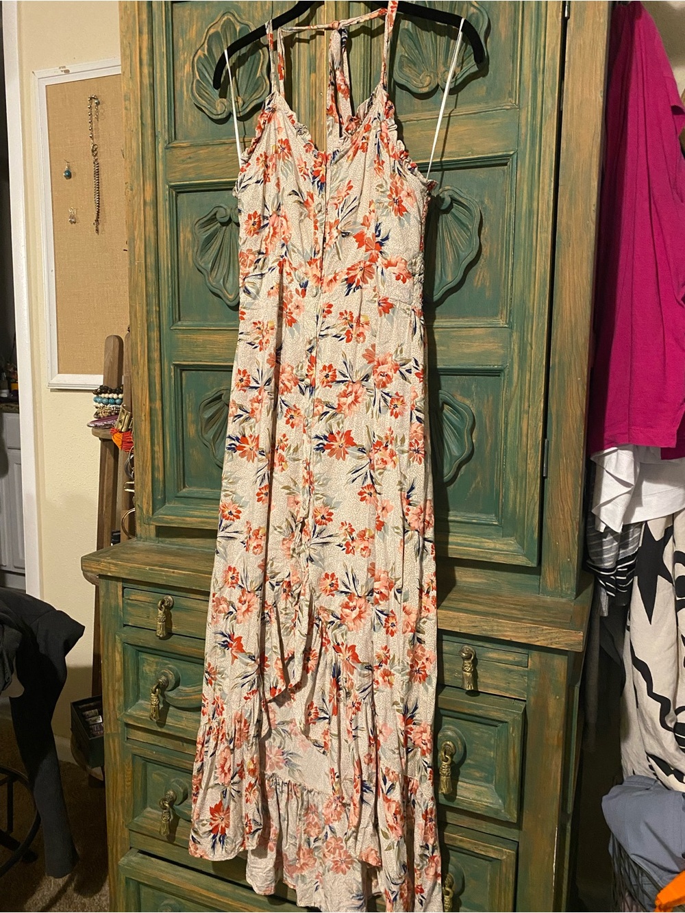 Angie Cream Maxi Dress with Coral and Navy Floral Print
